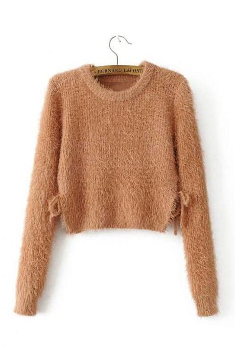 Side Lace Up Solid Color Pullover Crop Top Sweater