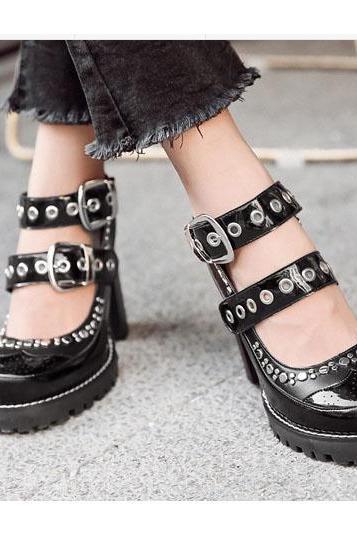 Rivets Straps Patchwork Platform High Chunky Heels Casual Autumn Shoes