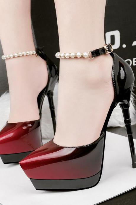 Gradient Pointed Toe Platform Ankle Wrap Beads Stiletto High Heels