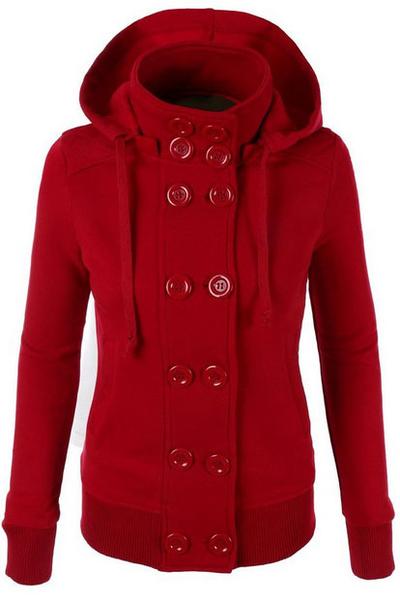 Double Breasted Solid Color High Neck Slim Hoodie Coat