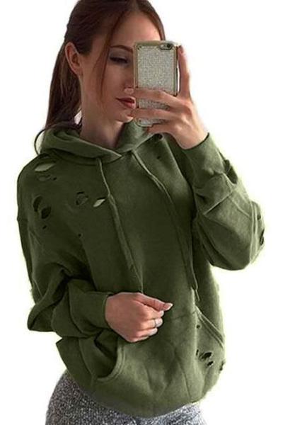 Cut Out Holes Drawstring Solid Color Pocket Loose Hoodie