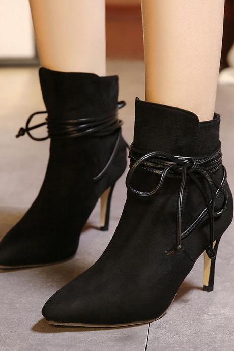 Faux Suede Pointed-Toe High Heel Mid-Calf Boots Featuring Lace-Up 