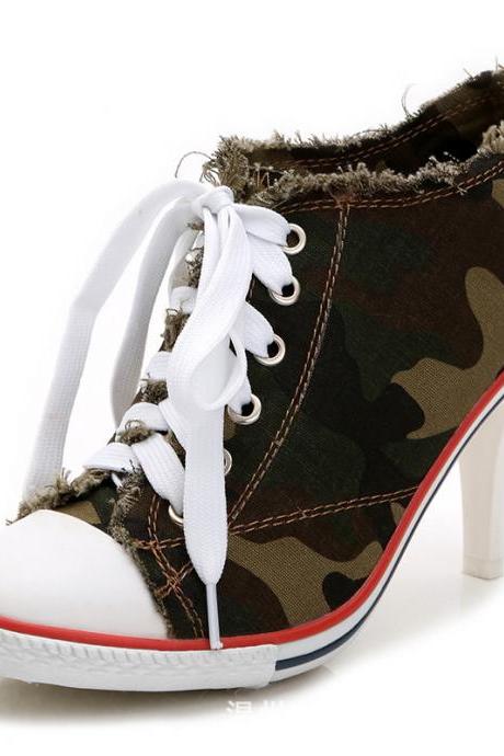Camouflage Round Toe Lace Up Stiletto Middle Heels Short Boots