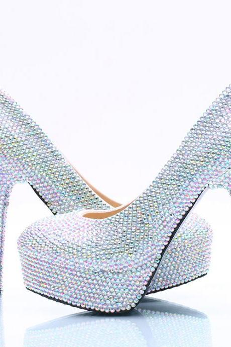 Crystal Beadings Round Toe Low Cut Stiletto High Heels Bridal Wedding Shoes