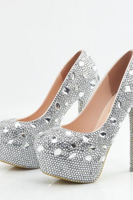 Crystal Rhinestones Round Toe Platform Super High Stiletto Heels Bridal Wedding Shoes