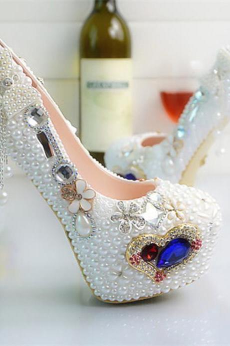 Crystal Beadings Bowknot Round Toe Platform Super High Stiletto Heels Bridal Wedding Shoes