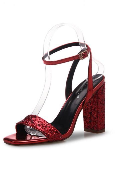 Square Open-toe Sequin Ankle Strap Chunky Heels, High Heels