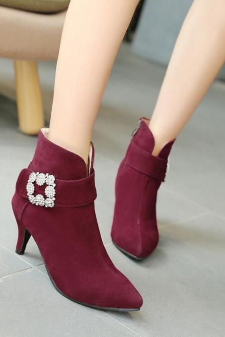 Crystal Pointed Toe Middle Heel Short Boots