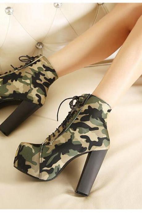 Pu Camouflage Chunky Heel Round Toe Lace-up High Heels