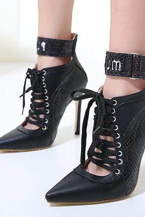 Pure Color Pu Stiletto Heel Pionted Toe Lace-up High Heels