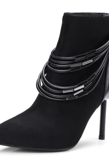 Suede Zipper Pure Color Metal Stiletto Heel Pointed Toe High Heels