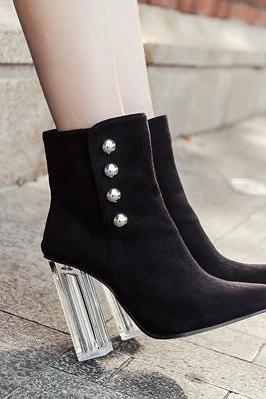 Suede Pure Color Chunky Heel Pionted Toe Zipper High Heels