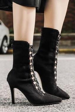 Pointed Toe High Heel Suede Ankle Boots With Laces And Back Zipper - Black / Apricot