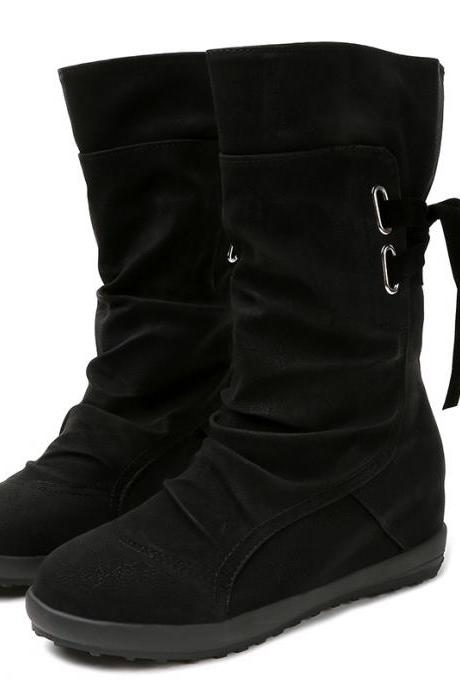 PU Pure Color Slope Heel Round Toe Boots