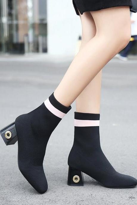 Suede Round Toe Pure Color Chunky Heel Short Boots