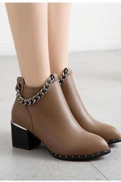 PU Pure Color Chunky Heel Pionted Toe Short Boots