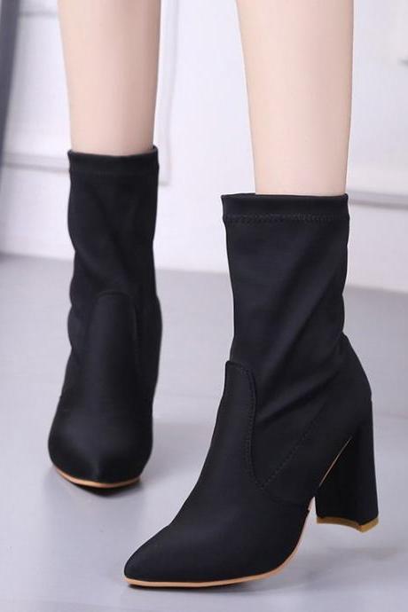 Suede Pure Color Chunky Heel Pionted Toe Boots