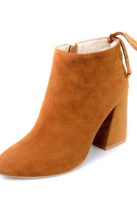 Suede Pure Color Chunky Heel Pionted Toe Zipper Short Boots