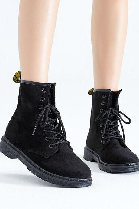 Pure Color Suede Chunky Heel Round Toe Lace-up Short Boots