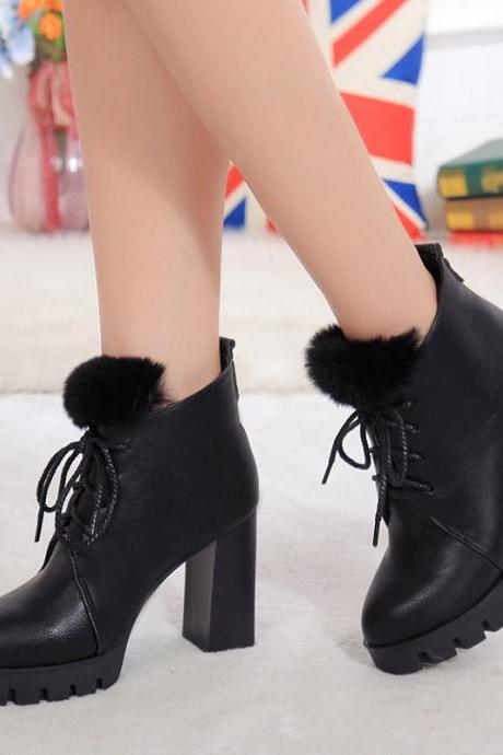 PU Chunky Heel Round Toe Lace-up Pure Color Short Boots