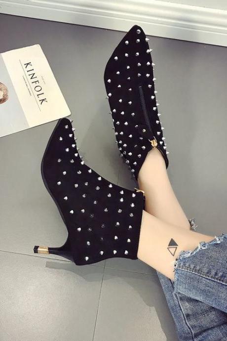 Studded Embellished Faux Suede Pointed-Toe High Heel Ankle Boots Featuring Front Zipper 