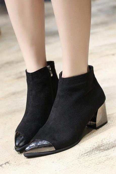 Faux Suede Pointed-toe Chunky Heel Ankle Boots Featuring Metal Accent