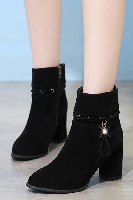 Suede Pure Color Chunky Heel Round Toe Tassel Boots