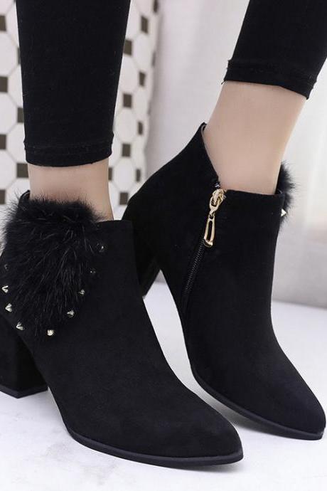 Suede Pure Color Chunky Heel Round Toe Rivets Zipper Boots