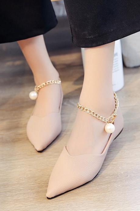Faux Leather Pointed-Toe Flats Featuring Gold Ankle Chain with Pearl Embellishment 