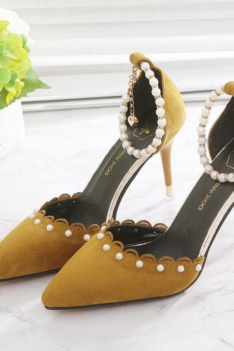 Suede Pointed Pearl Embellished Ankle Strap Stiletto High Heels