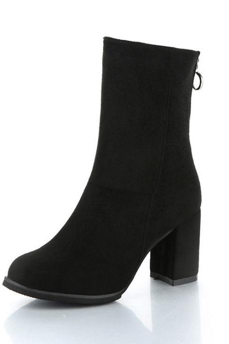 Faux Suede Rounded Toe Chunky Heel Mid-calf Boots