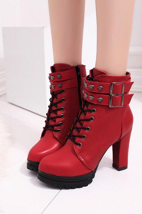 PU Pure Color Chunky Heel Round Toe Lace-Up High Heel Boots