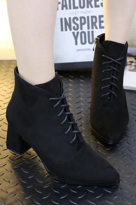 Suede Pure Color Chunky Heel Pionted Toe Lace-up Short Boots