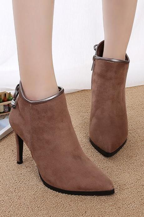 Faux Suede Pointed-toe High Heel Ankle Boots Featuring Side Zipper And Bow Accent