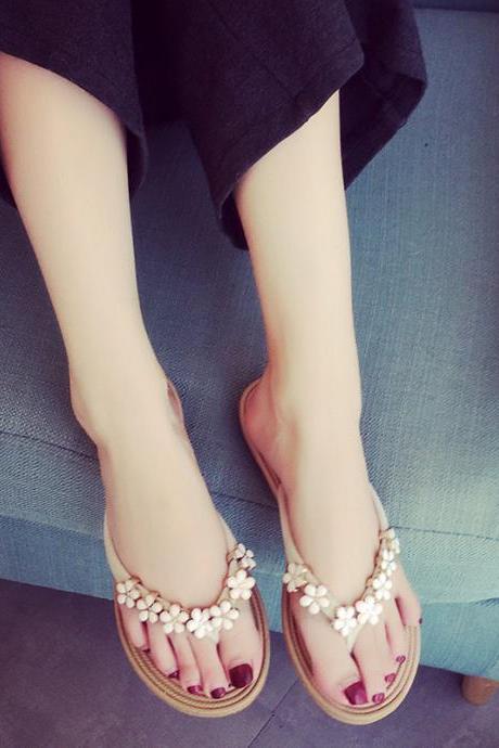 PU Flower Slip-on Beads Round Toe Slip-on Sandals