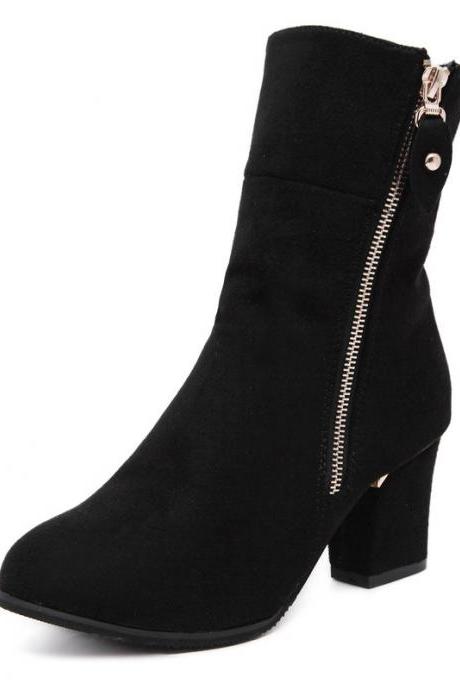 Suede Pure Color Chunky Heel Round Toe Zipper Short Boots