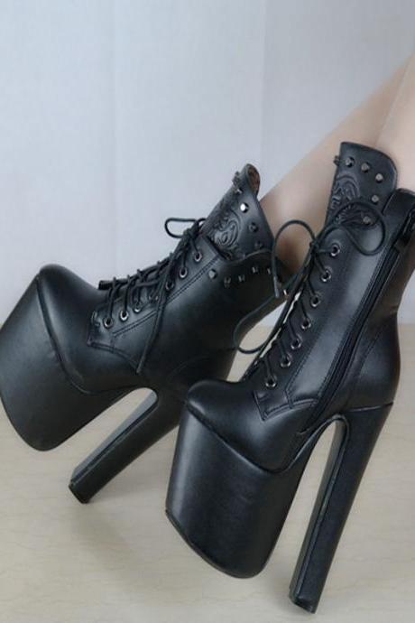 Suede Pure Color Lace-up Rivets Zipper Chunky Heel Round Toe High Heels