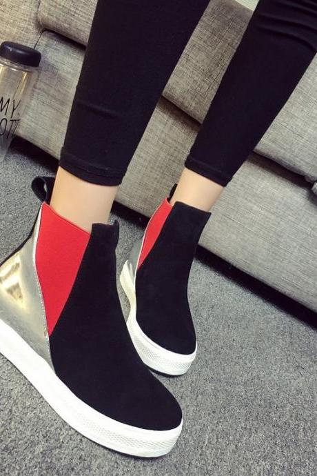 Suede Patchwork Flat Round Toe Boots