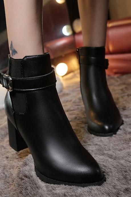 Pure Color PU Chunky Heel Pionted Toe Zipper Short Boots