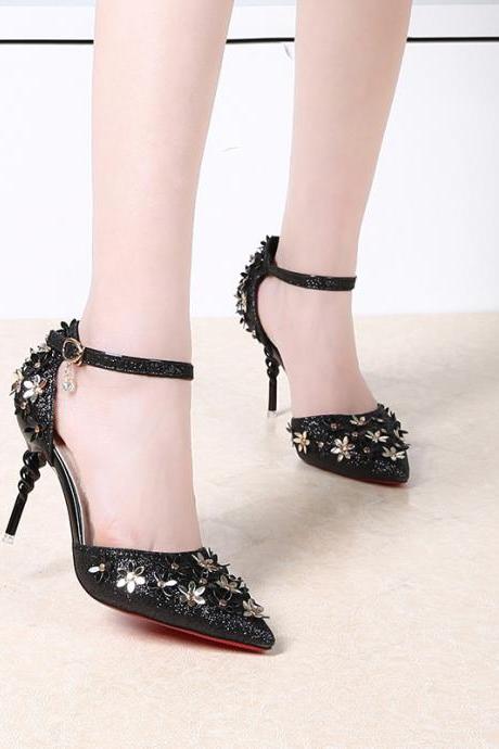 Floral Appliques and Glitters Pointed-Toe Ankle Strap High Heel Stilettos 