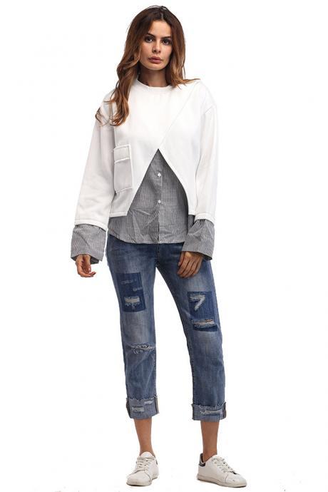 Patchwork Long Sleeve Round Neck Loose Blouse