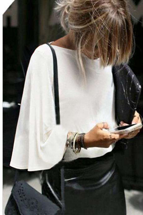 Pure Color Round Neck Loose Sleeve Batwing Sleeves Blouse