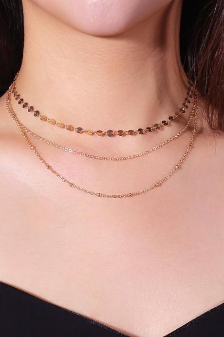 Multi Layer Copper Sequins Copper Bead Chain Clavicle Necklace