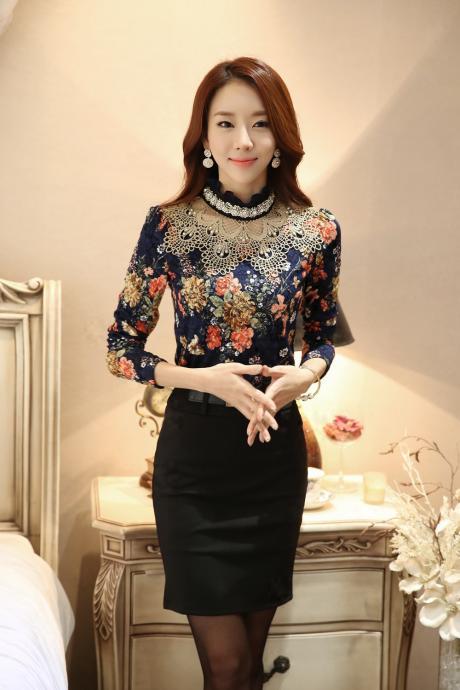 High-necked Lace Pure Color Patchwork Long Sleeves Long Blouse
