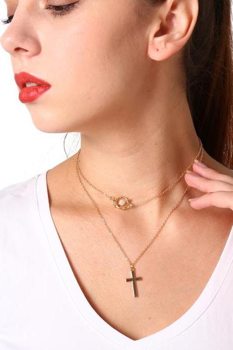 Alloy Cross Pearl Multilayer Brief Paragraph Clavicle Necklace