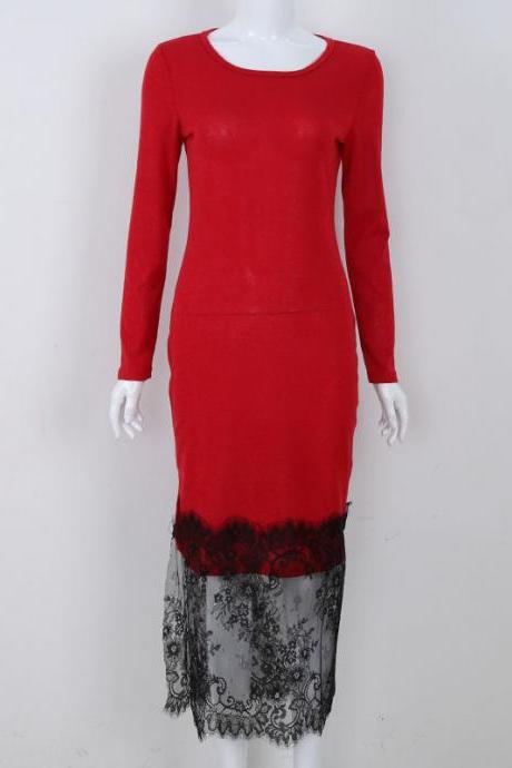 Lace Long Sleeves Splicing Bodycon Knitted Long Party Dress
