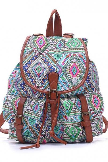 Snap-cover Pattern Canvas Women Backpack