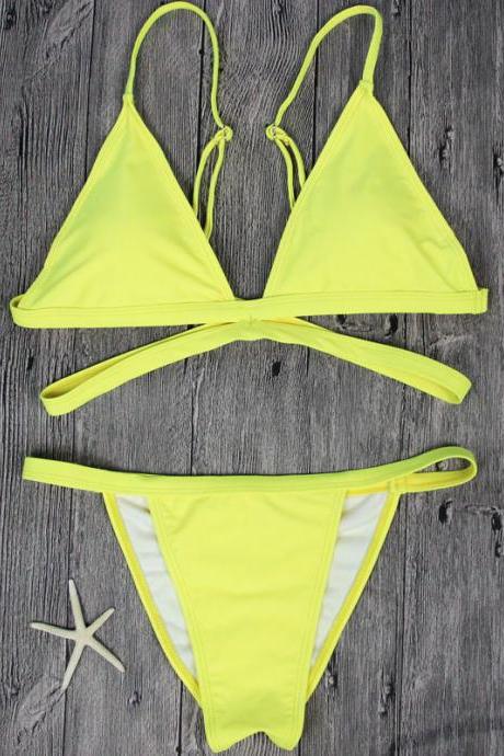 Sexy Yellow Bandage Straps V-neck Bikini Set