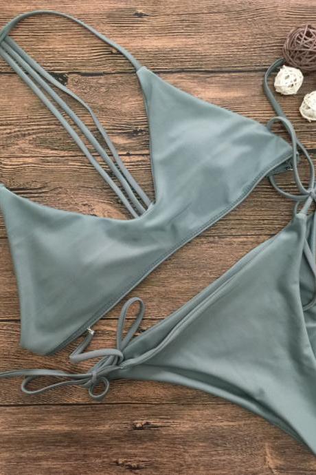 Pure Color V-neck Straps Lace Up Backless Bikini Set