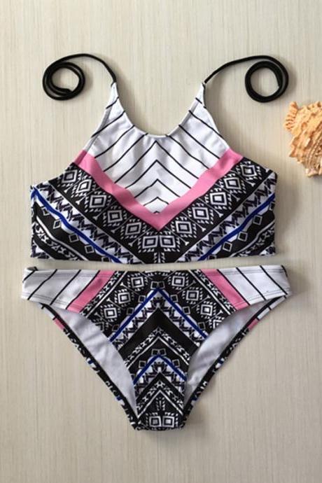 Stripes Print Hollow Out Bikini Set